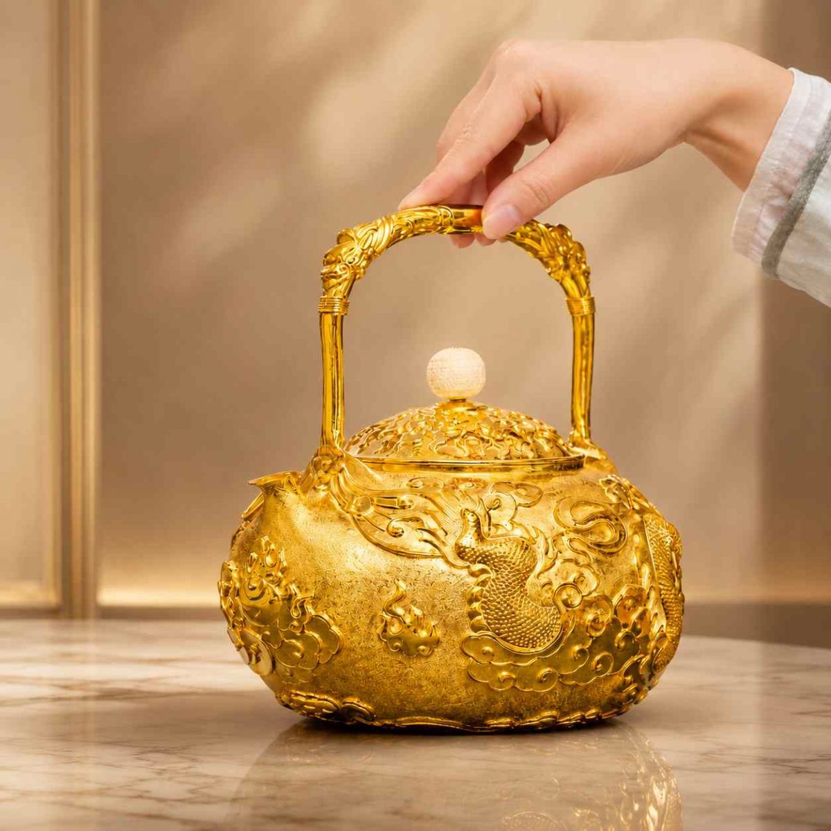 ấm trà mạ vàng