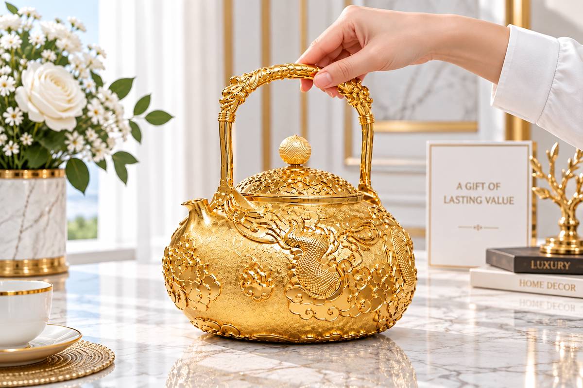 Ấm trà mạ vàng chạm khắc tinh xảo, thiết kế sang trọng.