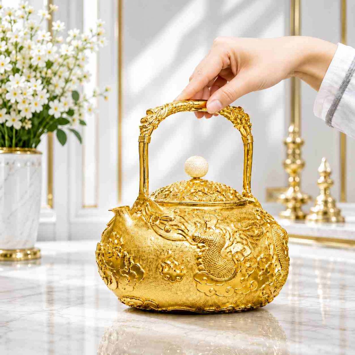 Ấm trà mạ vàng chạm khắc hoa văn rồng tinh xảo cao cấp Ấm trà mạ vàng chạm khắc hoa văn rồng tinh xảo cao cấp
