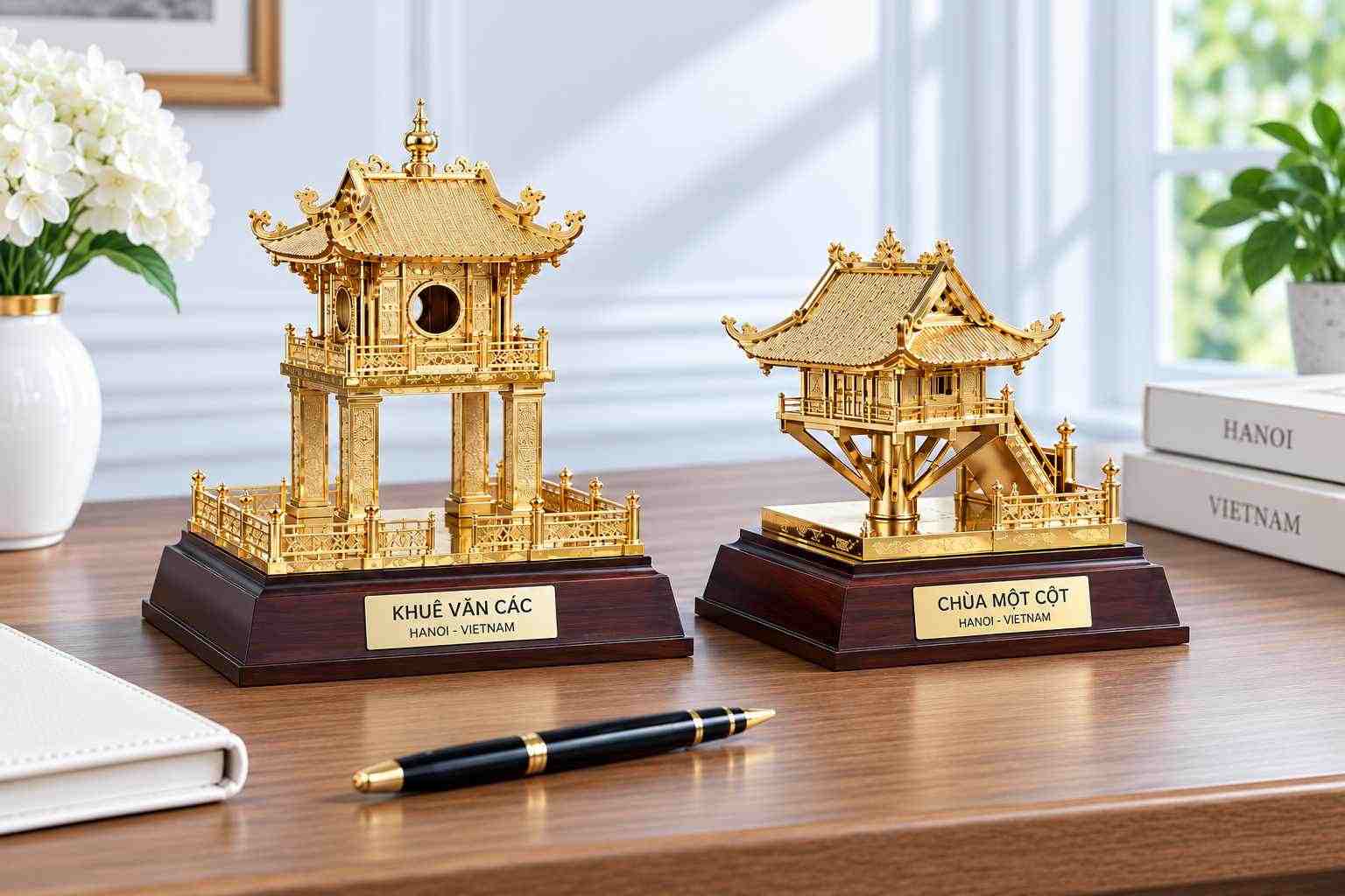 Mô hình Khuê Văn Các và Chùa Một Cột mạ vàng.