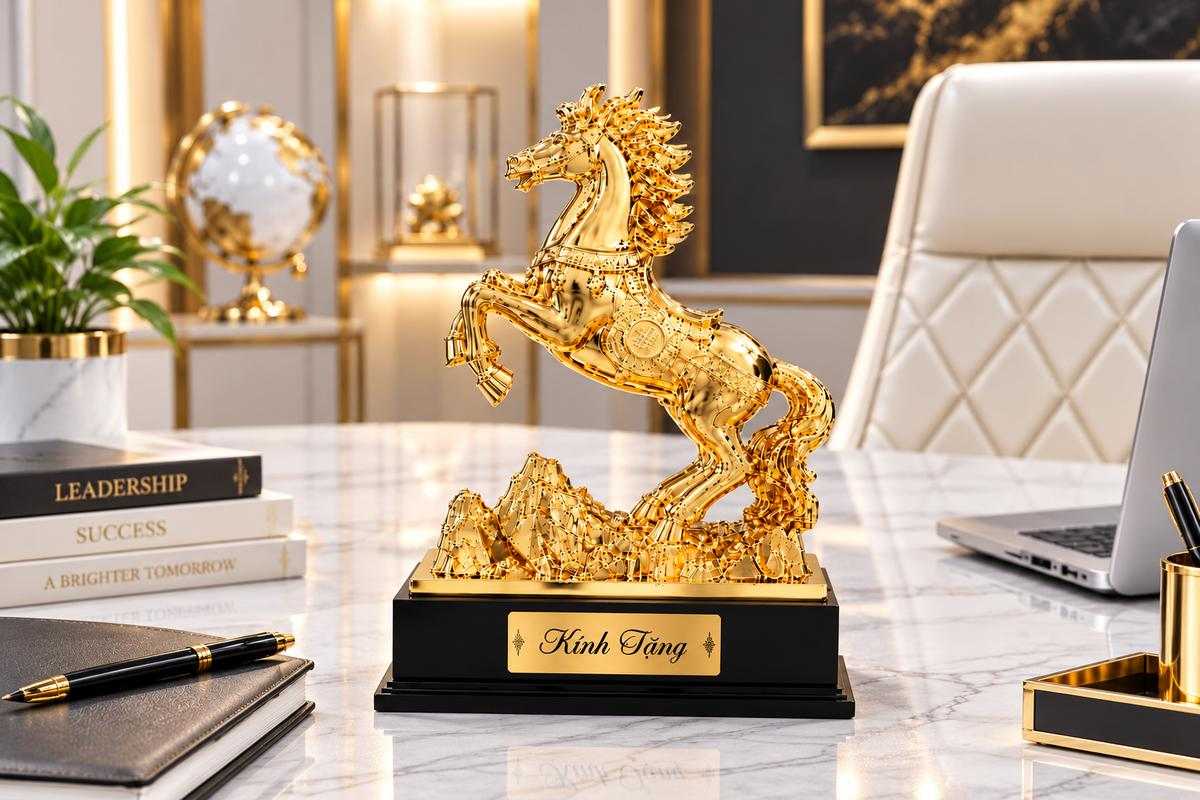 Tượng ngựa mạ vàng cao cấp làm quà tặng doanh nghiệp.