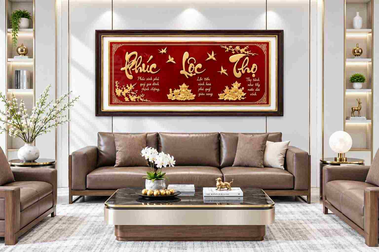 Tranh Phúc Lộc Thọ mạ vàng trang trí phòng khách sang trọng.