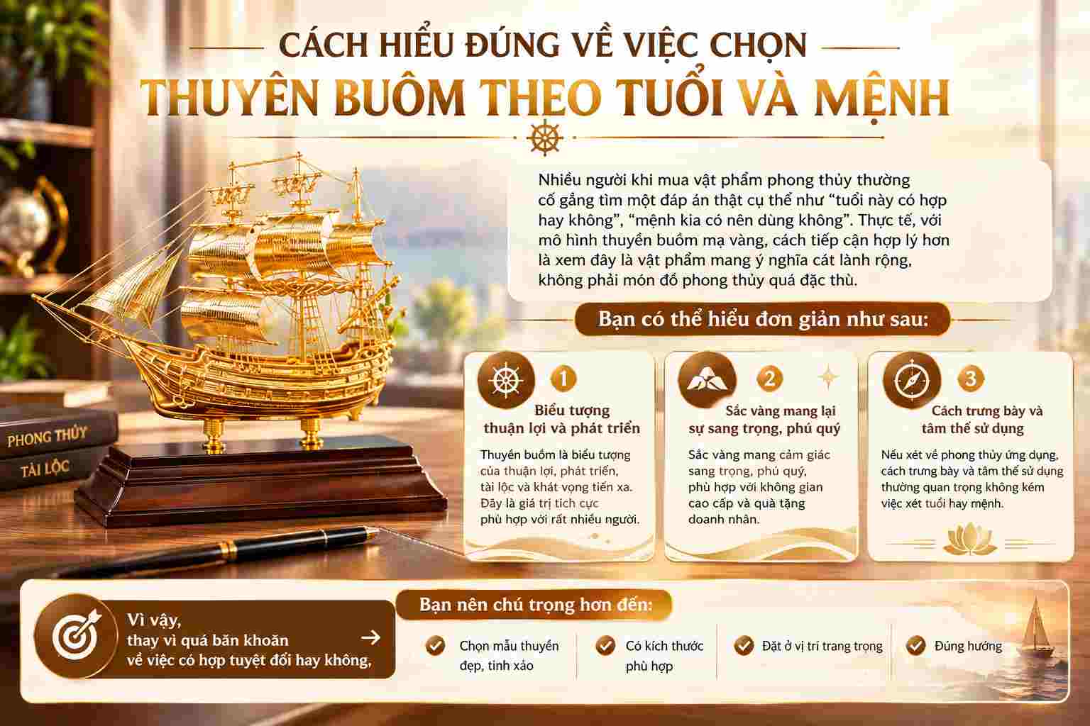 Cách chọn mô hình thuyền buồm mạ vàng theo tuổi và mệnh trong phong thủy