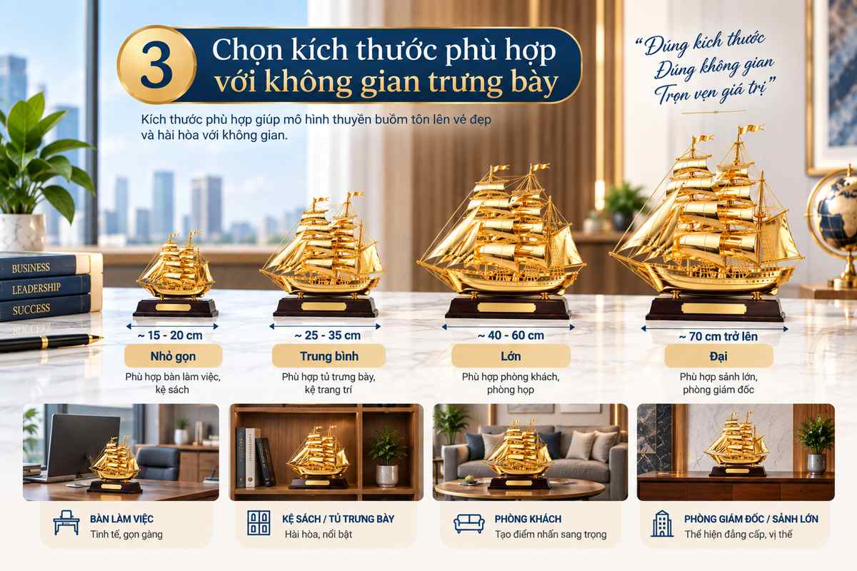 Chọn kích thước mô hình thuyền buồm mạ vàng phù hợp không gian trưng bày. Chọn kích thước mô hình thuyền buồm mạ vàng phù hợp không gian trưng bày.