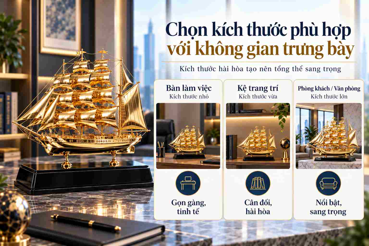 Chọn kích thước mô hình thuyền buồm mạ vàng phù hợp với không gian trưng bày. Chọn kích thước mô hình thuyền buồm mạ vàng phù hợp với không gian trưng bày.