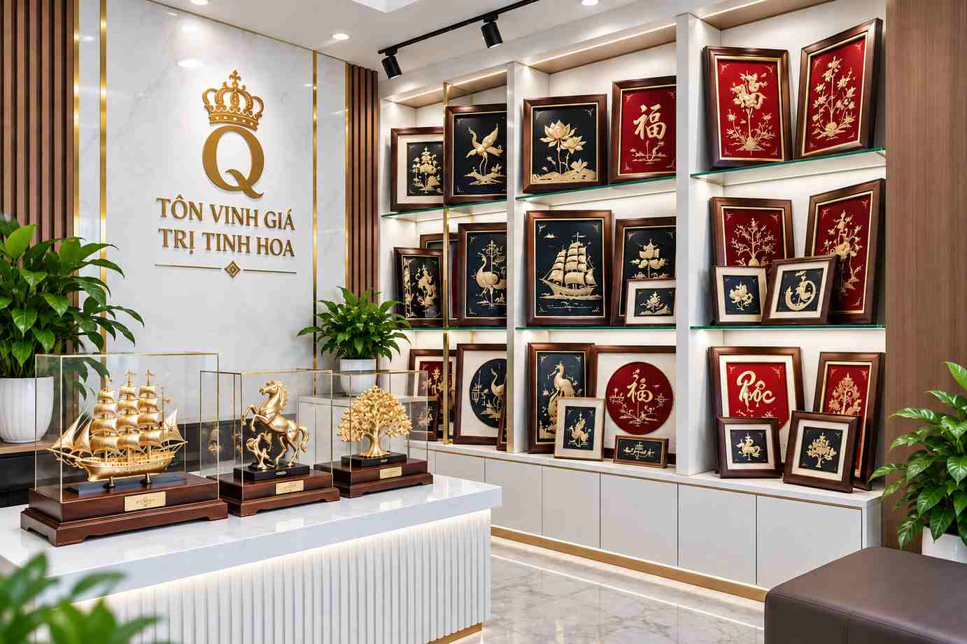 Không gian trưng bày quà tặng mạ vàng cao cấp, sang trọng Không gian trưng bày quà tặng mạ vàng cao cấp, sang trọng