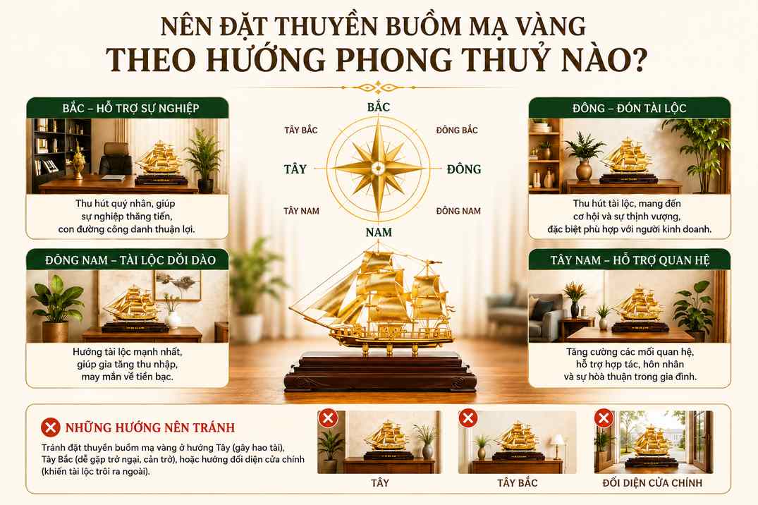 đặt thuyền buồm mạ vàng theo hướng nào hợp phong thuỷ