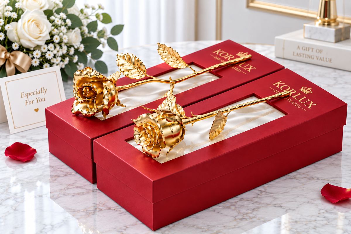 Hoa hồng mạ vàng cao cấp trong hộp quà đỏ sang trọng.