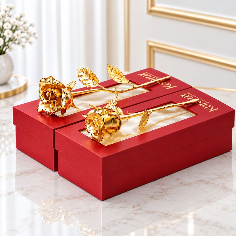 Hoa hồng mạ vàng cao cấp đặt trong hộp quà đỏ sang trọng Hoa hồng mạ vàng cao cấp đặt trong hộp quà đỏ sang trọng