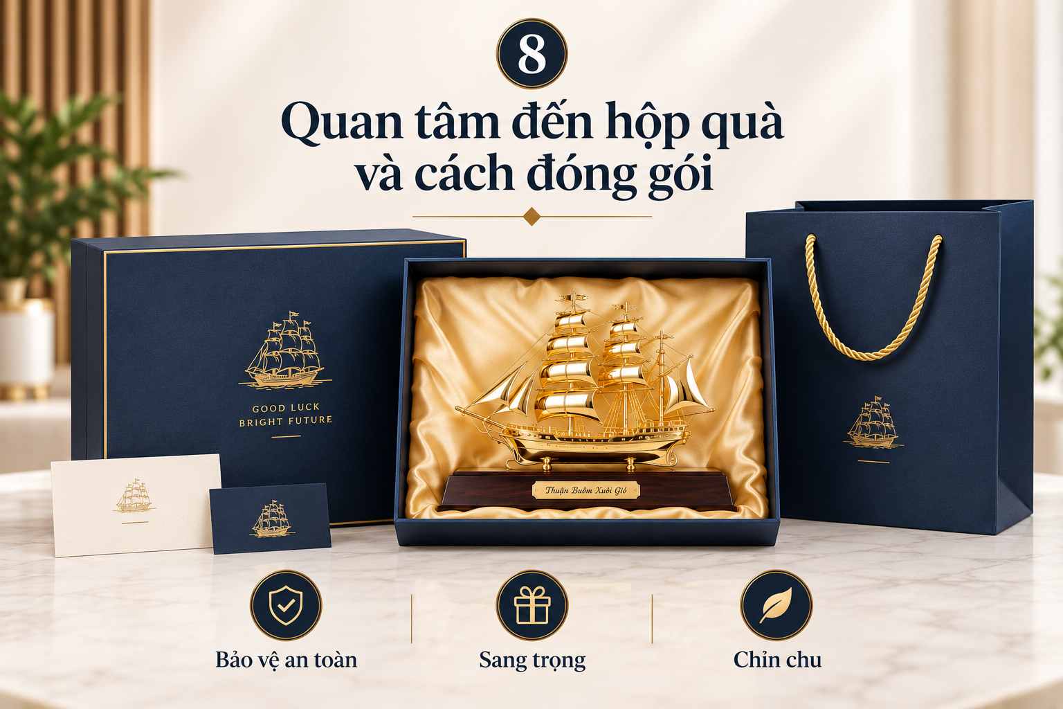 Mô hình thuyền buồm mạ vàng được đóng gói trong hộp quà cao cấp, sang trọng. Mô hình thuyền buồm mạ vàng được đóng gói trong hộp quà cao cấp, sang trọng.
