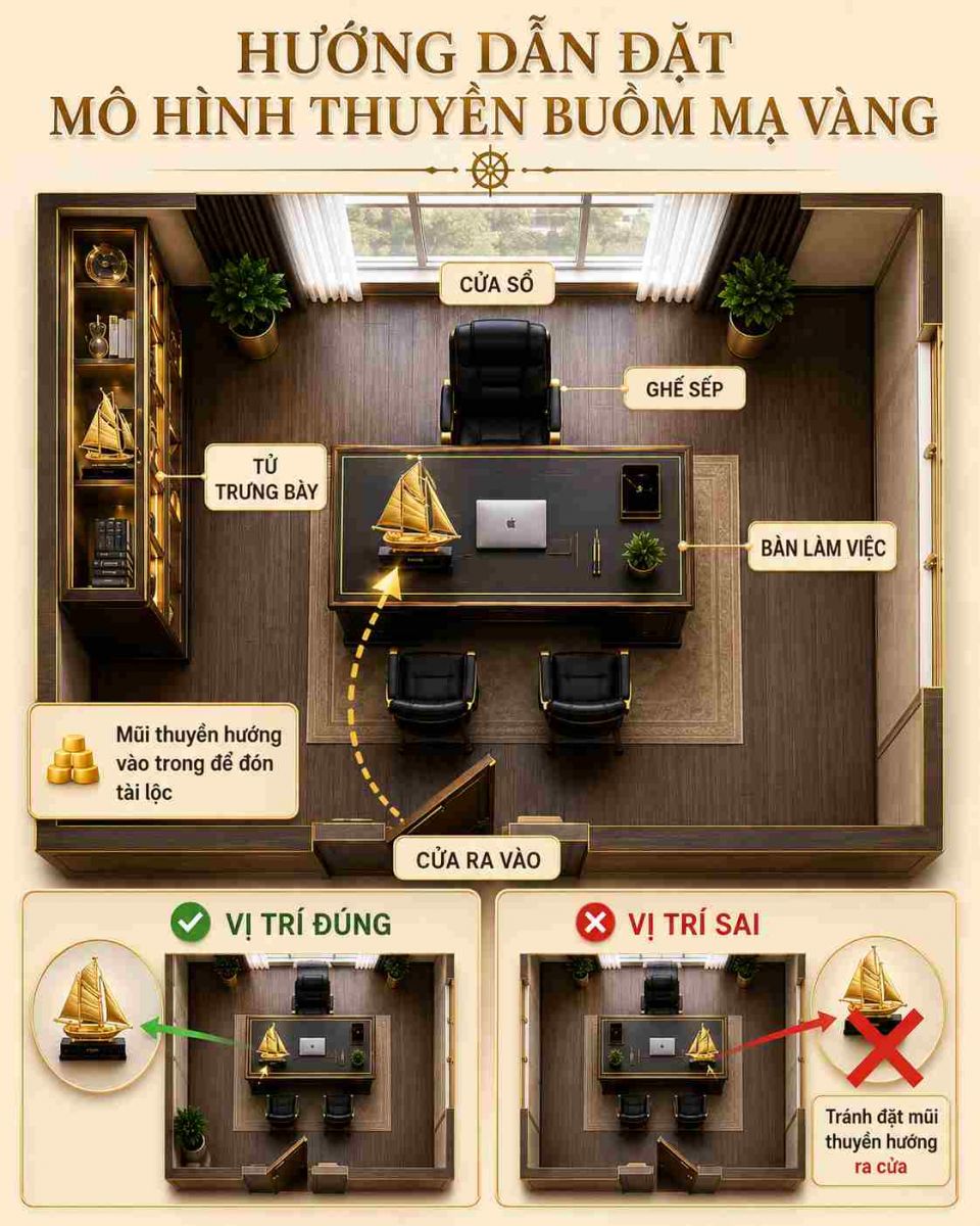 hướng dẫn bài trí thuyền buồm mạ vàng chuẩn phong thuỷ