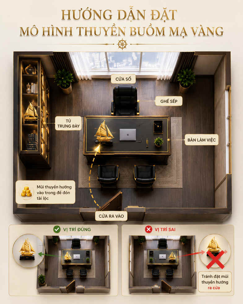 hướng dẫn bài trí thuyền buồm mạ vàng chuẩn phong thuỷ