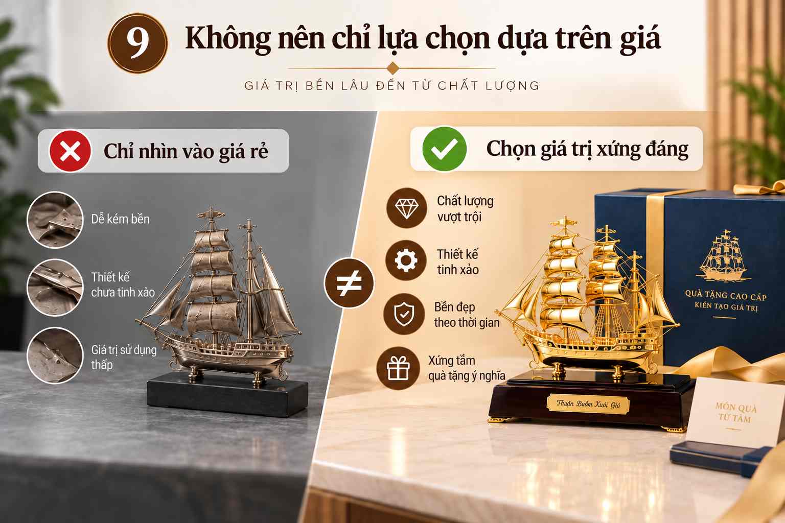 o sánh mô hình thuyền buồm giá rẻ và sản phẩm cao cấp dựa trên chất lượng, thiết kế và độ bền.