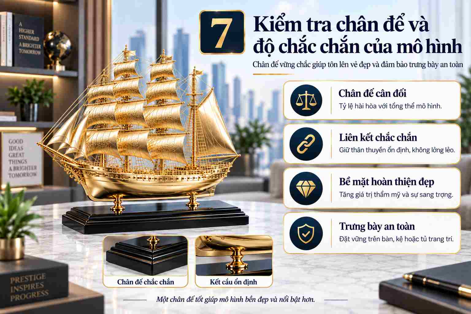 Kiểm tra chân đế và độ chắc chắn của mô hình thuyền buồm mạ vàng. Kiểm tra chân đế và độ chắc chắn của mô hình thuyền buồm mạ vàng.