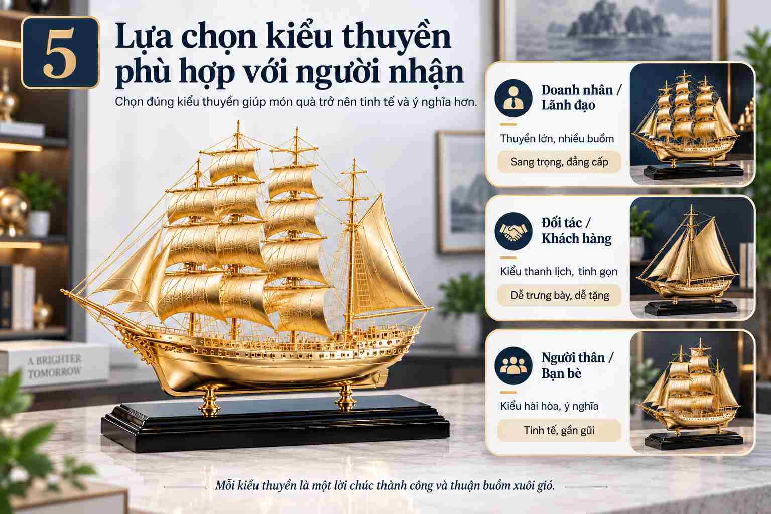 Lựa chọn kiểu thuyền buồm mạ vàng phù hợp với từng đối tượng người nhận. Lựa chọn kiểu thuyền buồm mạ vàng phù hợp với từng đối tượng người nhận.