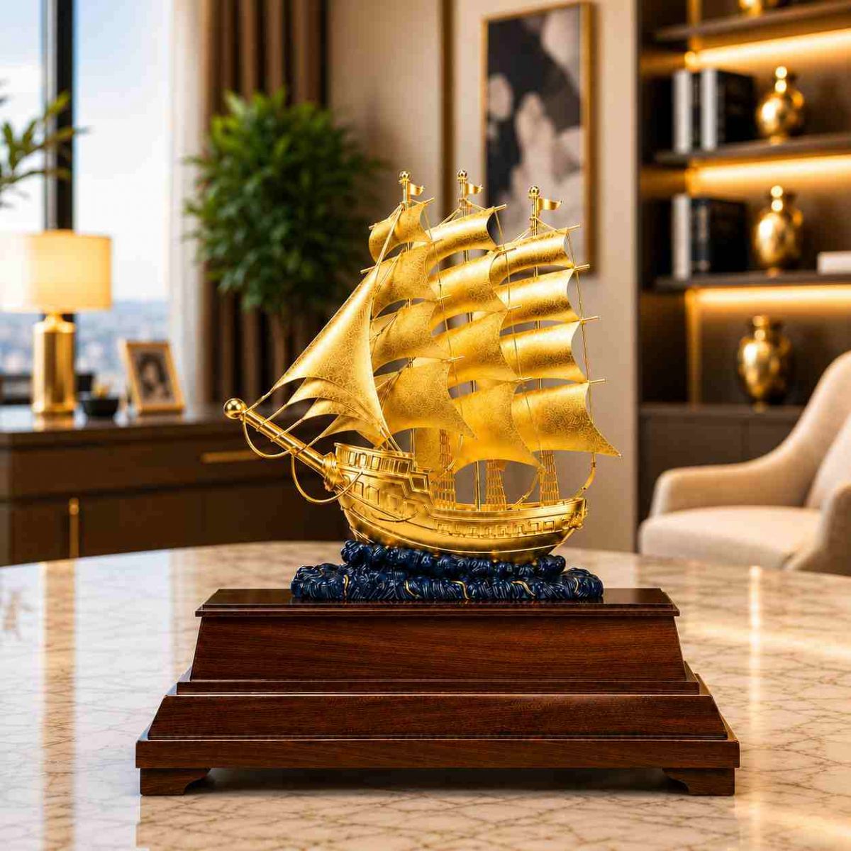 mô hình thuyền buồm mạ vàng cao cấp