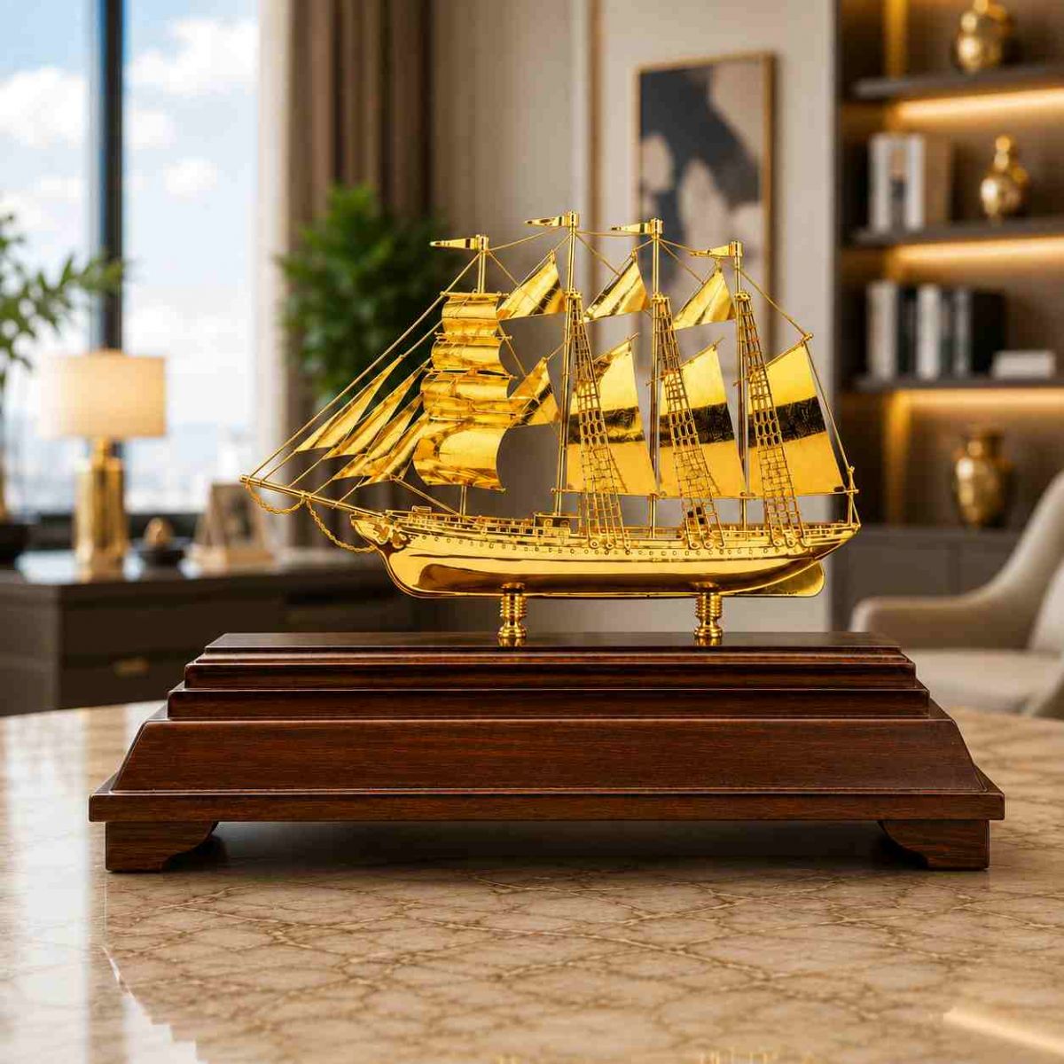 mô hình thuyền mạ vàng 24k