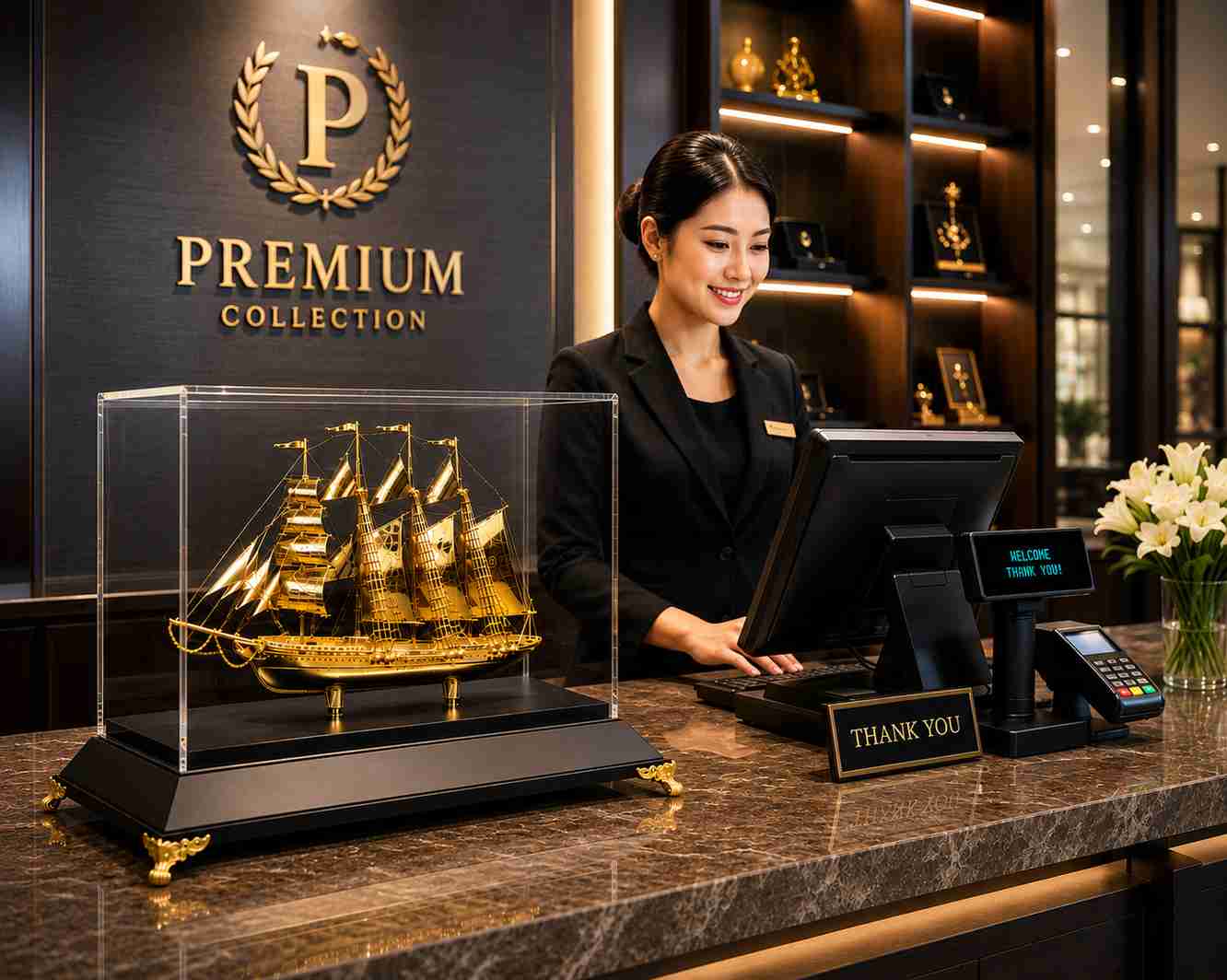Mô hình thuyền buồm dát vàng đặt quầy thu ngân