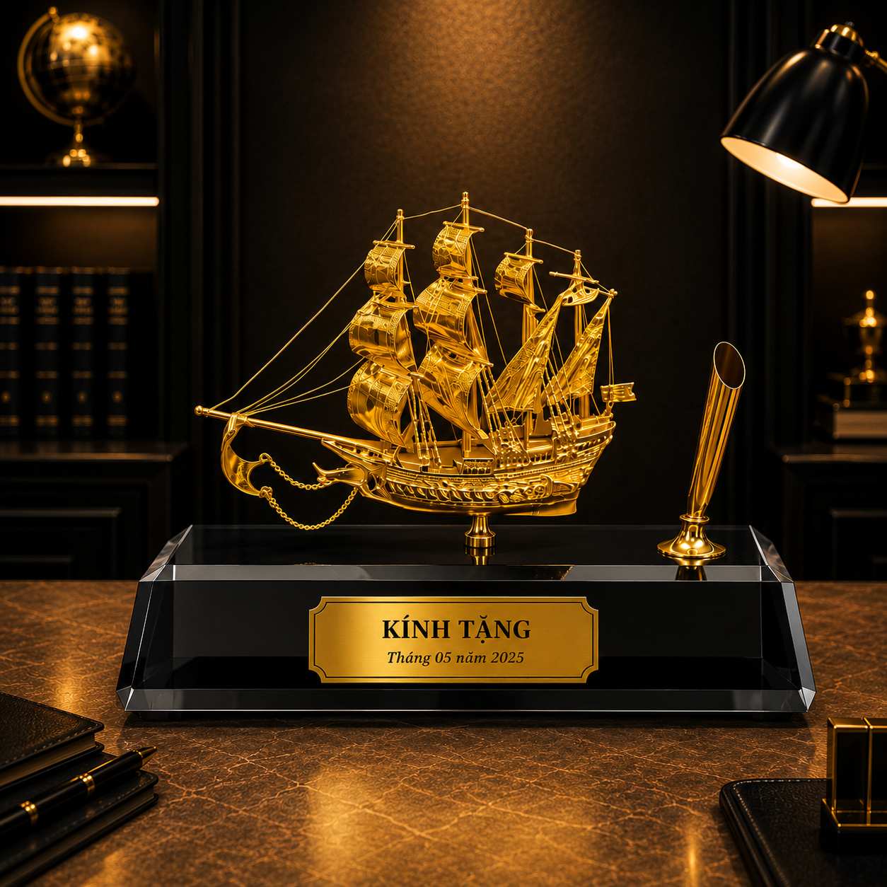 Mô hình thuyền buồm phong thuỷ dát vàng 24k - 09