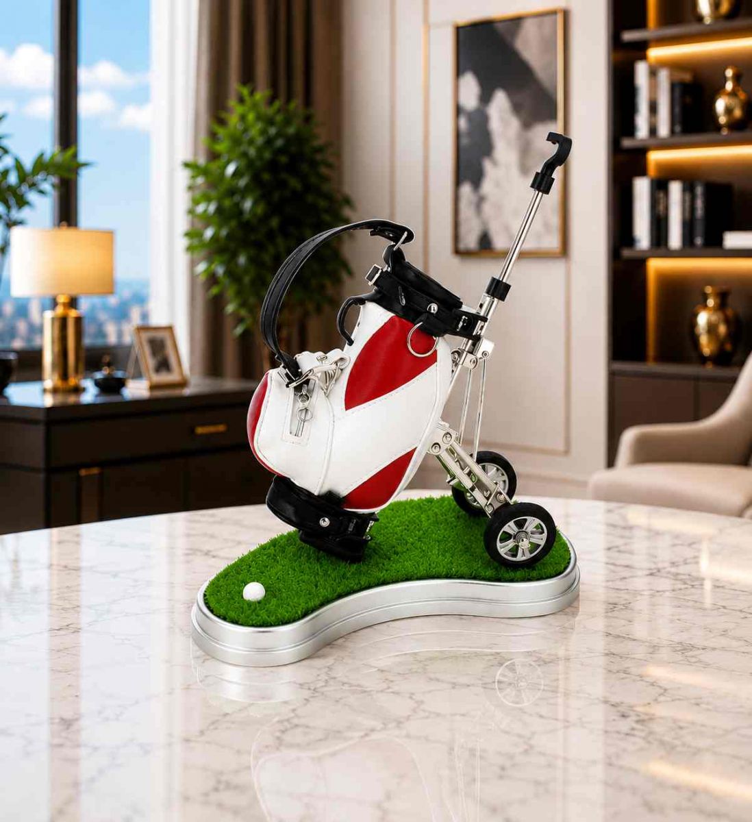 Quà tặng golf để bàn cao cấp mô hình túi golf và xe đẩy mini trang trí văn phòng sang trọng