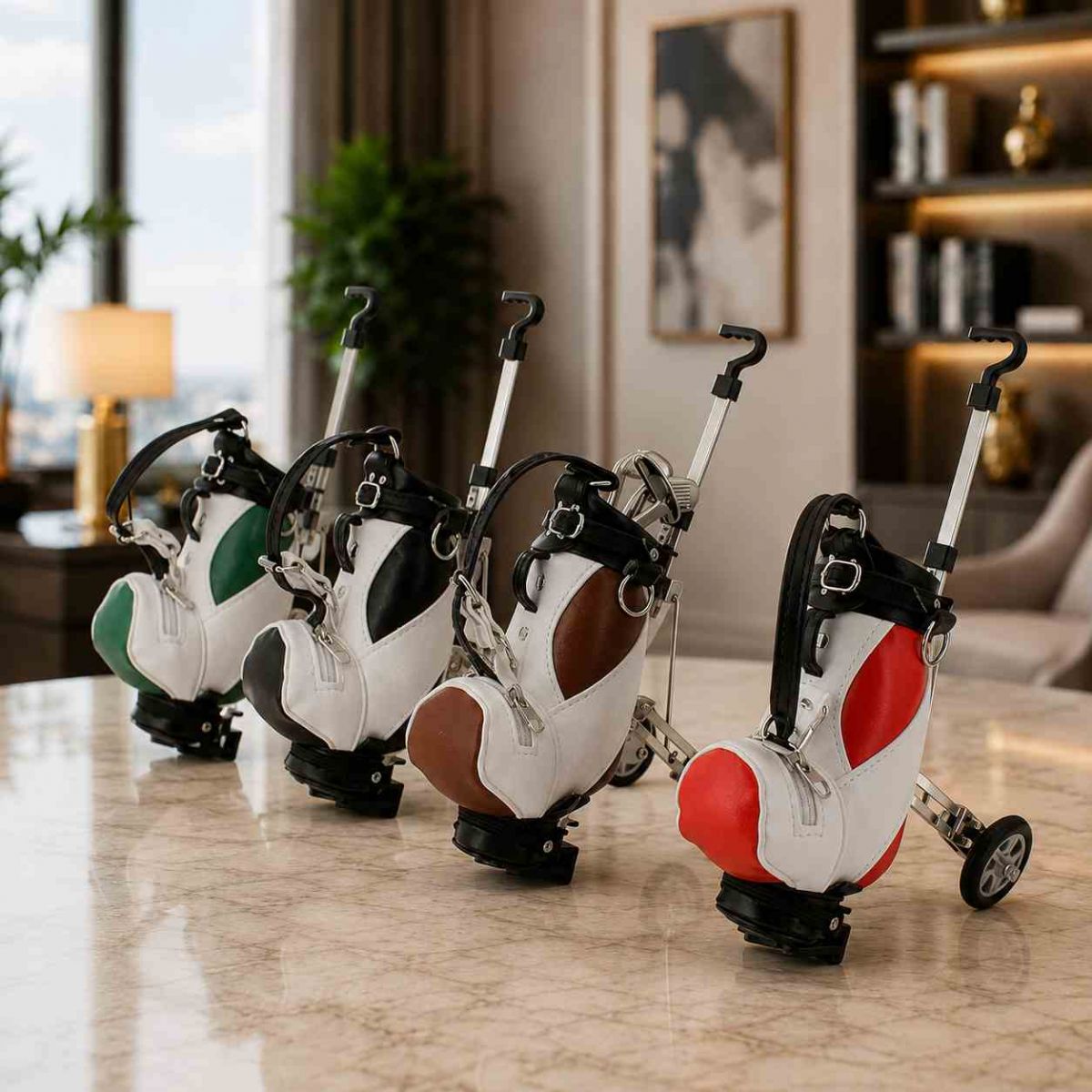 Quà tặng golf để bàn hình túi gậy golf mini cao cấp nhiều màu, trưng bày trong không gian sang trọng.
