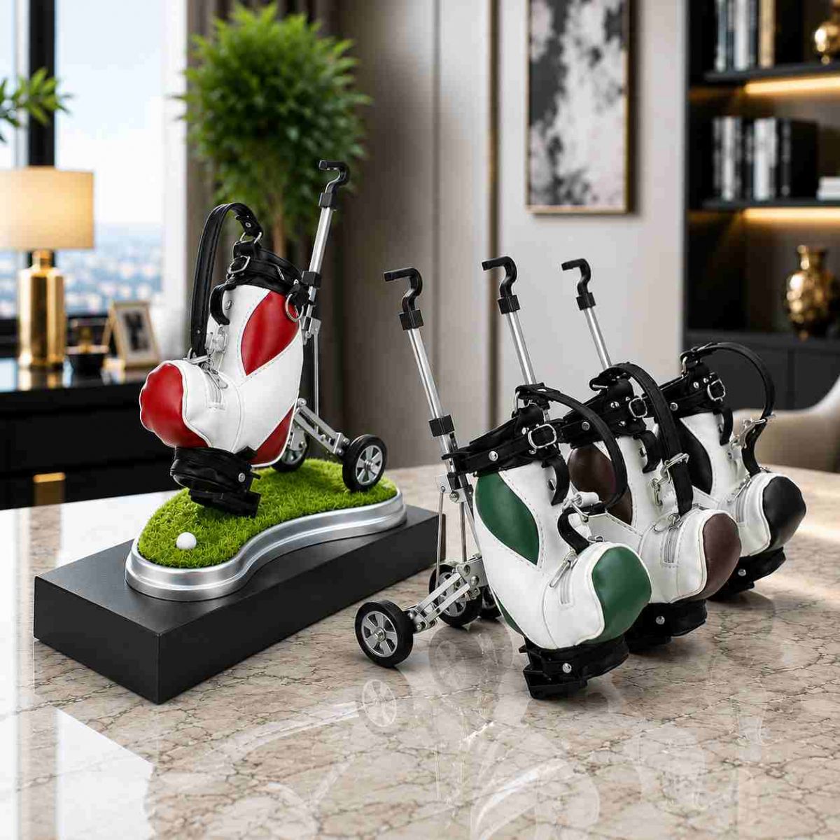 Quà tặng golf để bàn cao cấp mô phỏng túi golf và xe đẩy mini sang trọng.