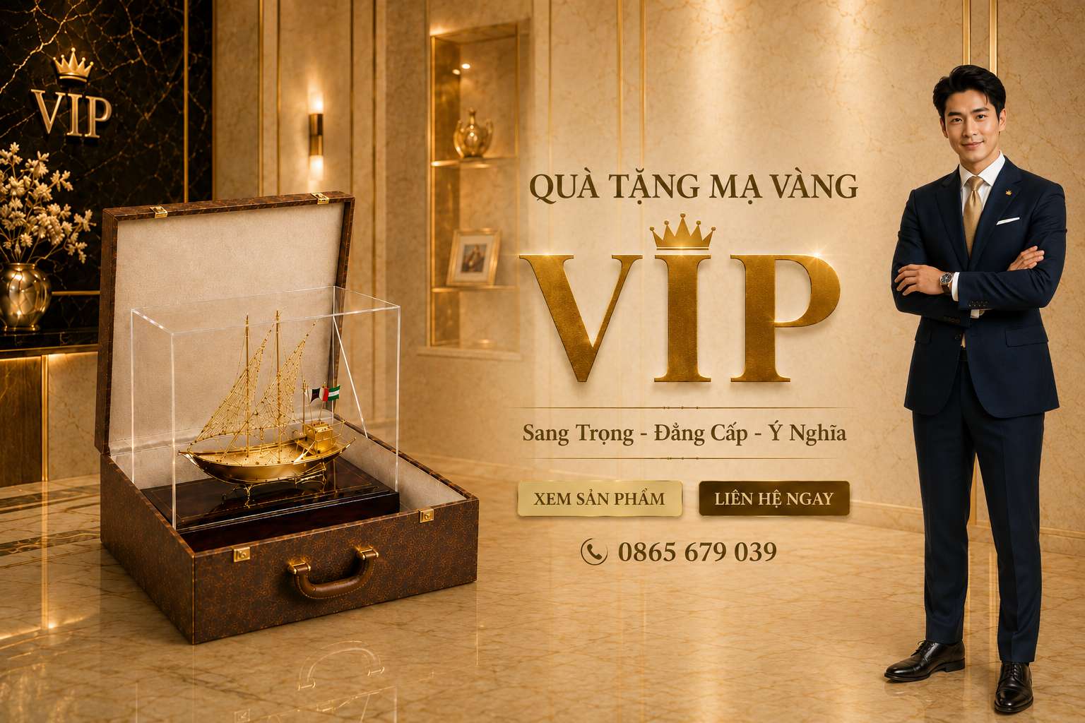 Mô hình thuyền buồm phong thuỷ  mạ vàng 24k - 01
