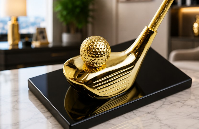 Quà tặng golf mạ vàng hình gậy golf và bóng golf đặt trên đế đen sang trọng.