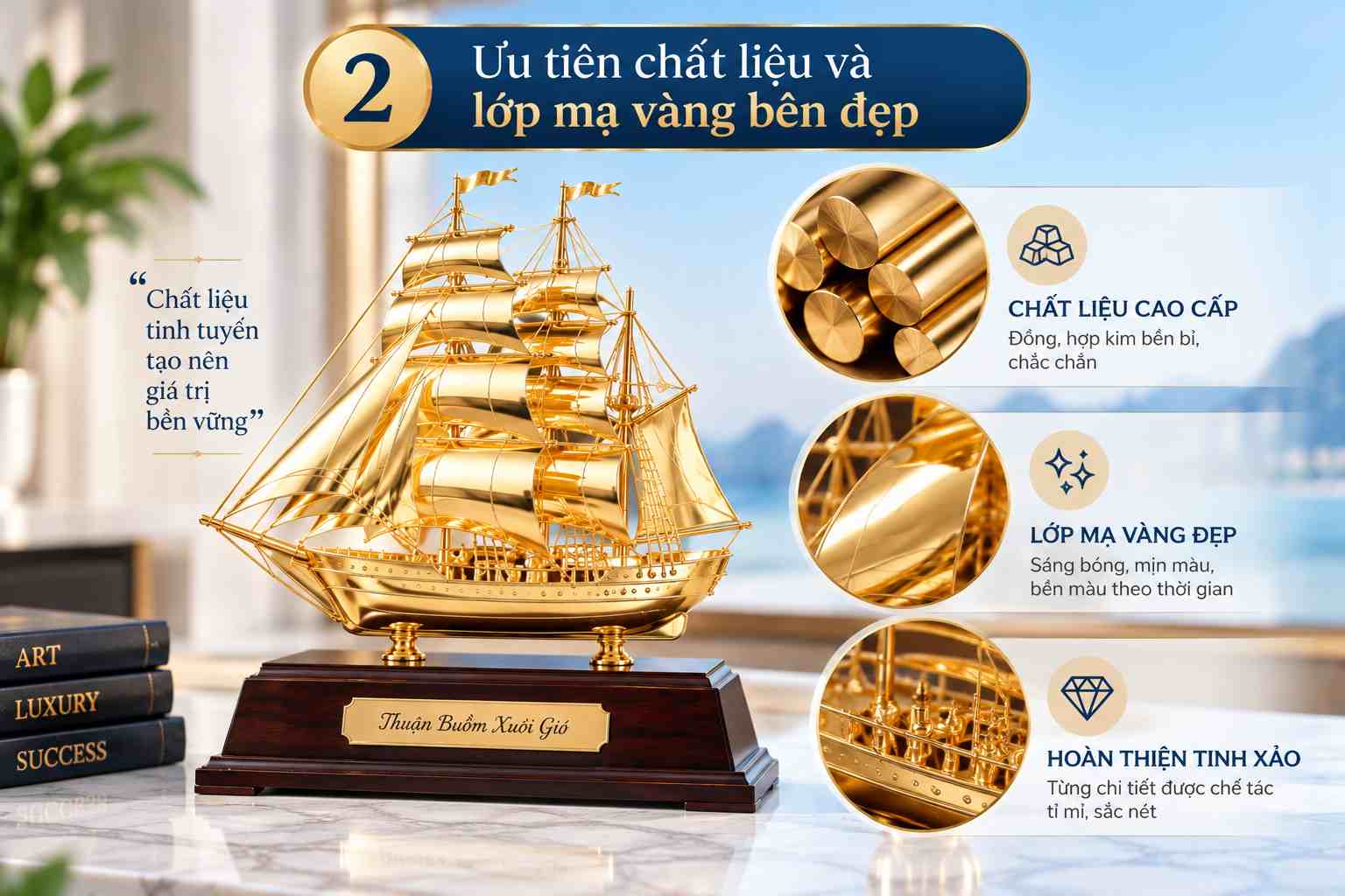Mô hình thuyền buồm chất liệu cao cấp với lớp mạ vàng bền đẹp. Mô hình thuyền buồm chất liệu cao cấp với lớp mạ vàng bền đẹp.