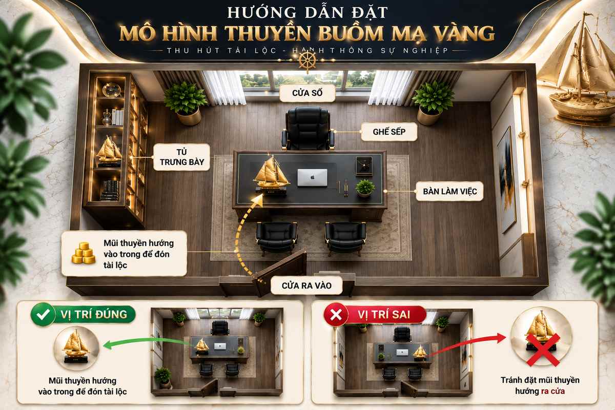 Hướng dẫn đặt mô hình thuyền buồm mạ vàng đúng vị trí trên bàn làm việc. Hướng dẫn đặt mô hình thuyền buồm mạ vàng đúng vị trí trên bàn làm việc.
