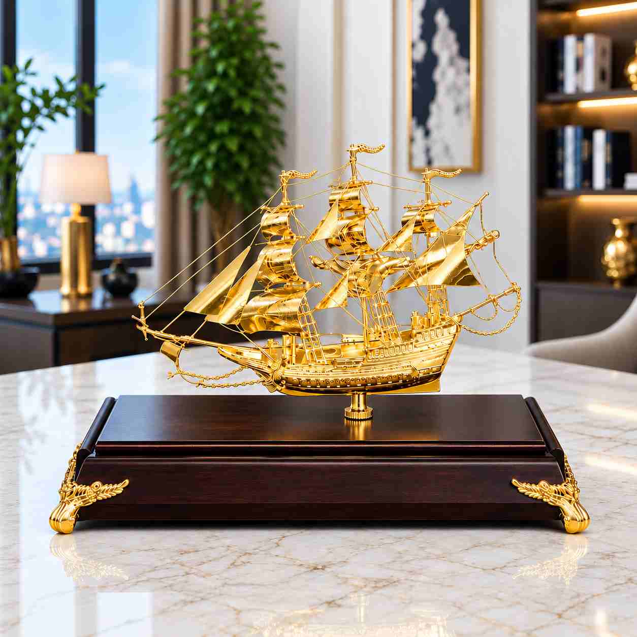 Mô hình thuyền buồm mạ vàng 24k thuận buồm xuôi gió cao cấp