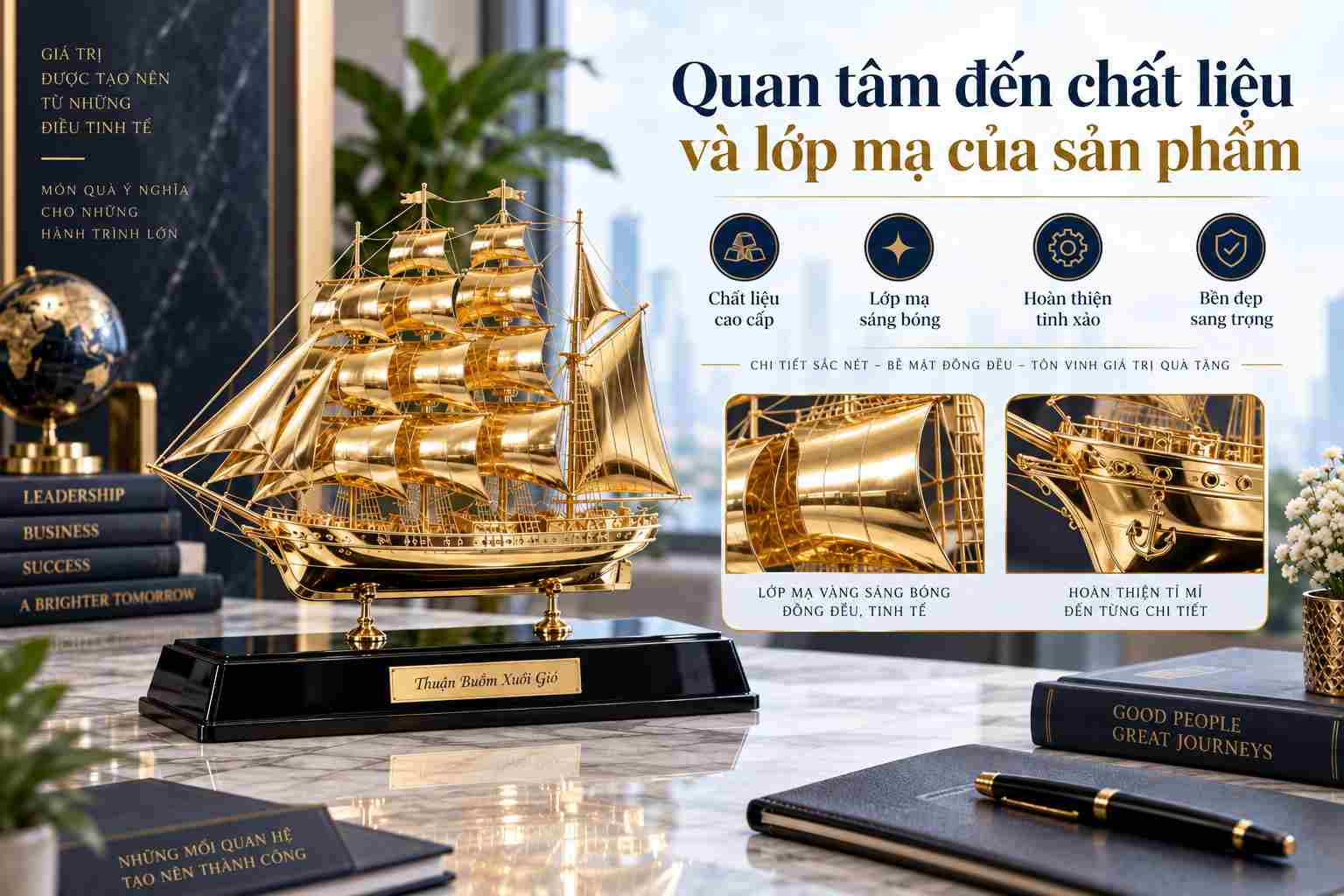 Mô hình thuyền buồm mạ vàng cao cấp nổi bật với chất liệu tinh xảo và lớp mạ sáng bóng Mô hình thuyền buồm mạ vàng cao cấp nổi bật với chất liệu tinh xảo và lớp mạ sáng bóng