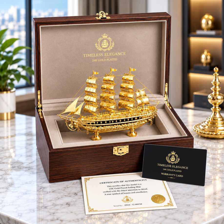 Mô hình thuyền buồm mạ vàng 24K cao cấp trong hộp gỗ sang trọng kèm giấy chứng nhận. Mô hình thuyền buồm mạ vàng 24K cao cấp trong hộp gỗ sang trọng kèm giấy chứng nhận.