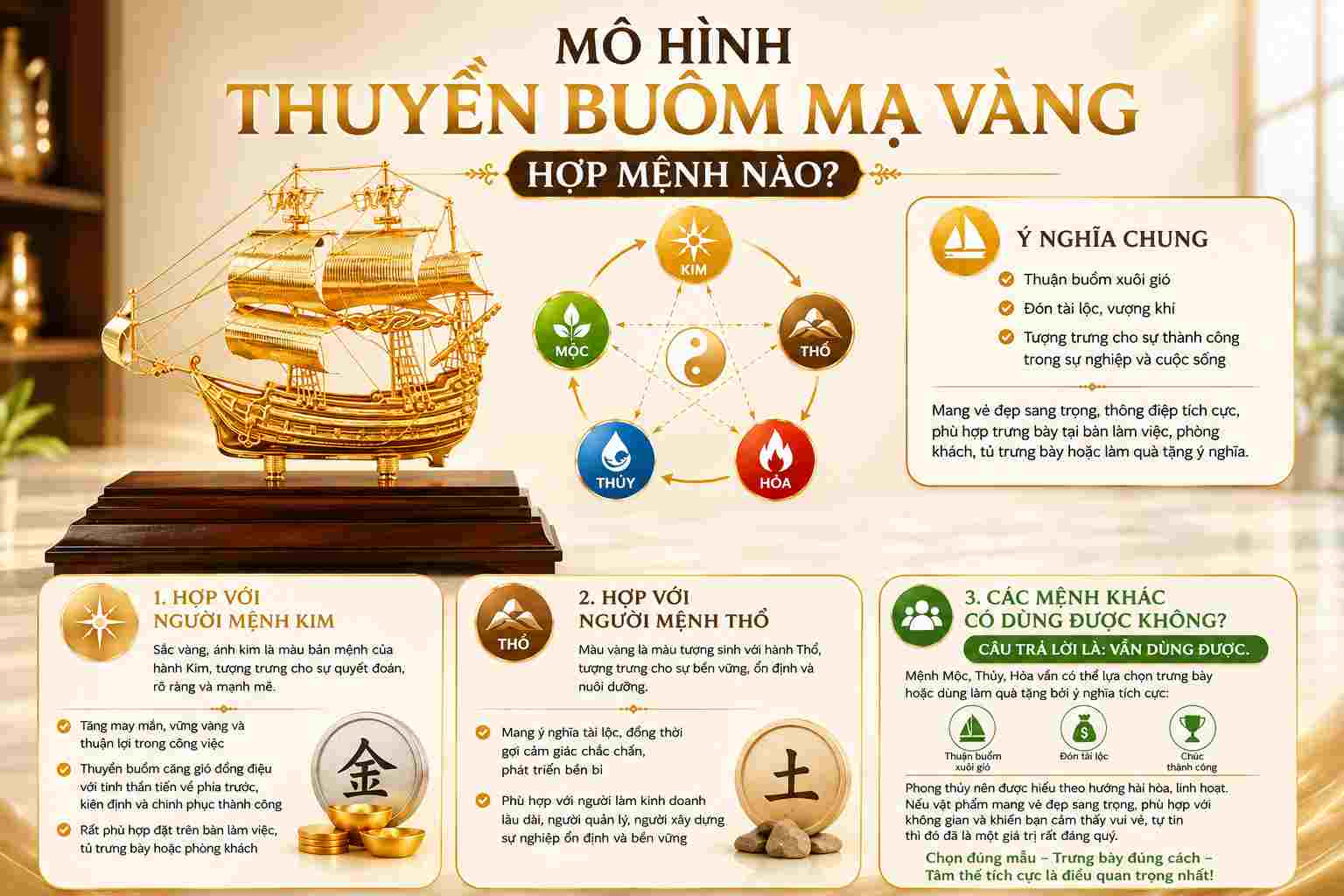 Mô hình thuyền buồm mạ vàng hợp mệnh Kim, mệnh Thổ và ý nghĩa phong thủy theo ngũ hành