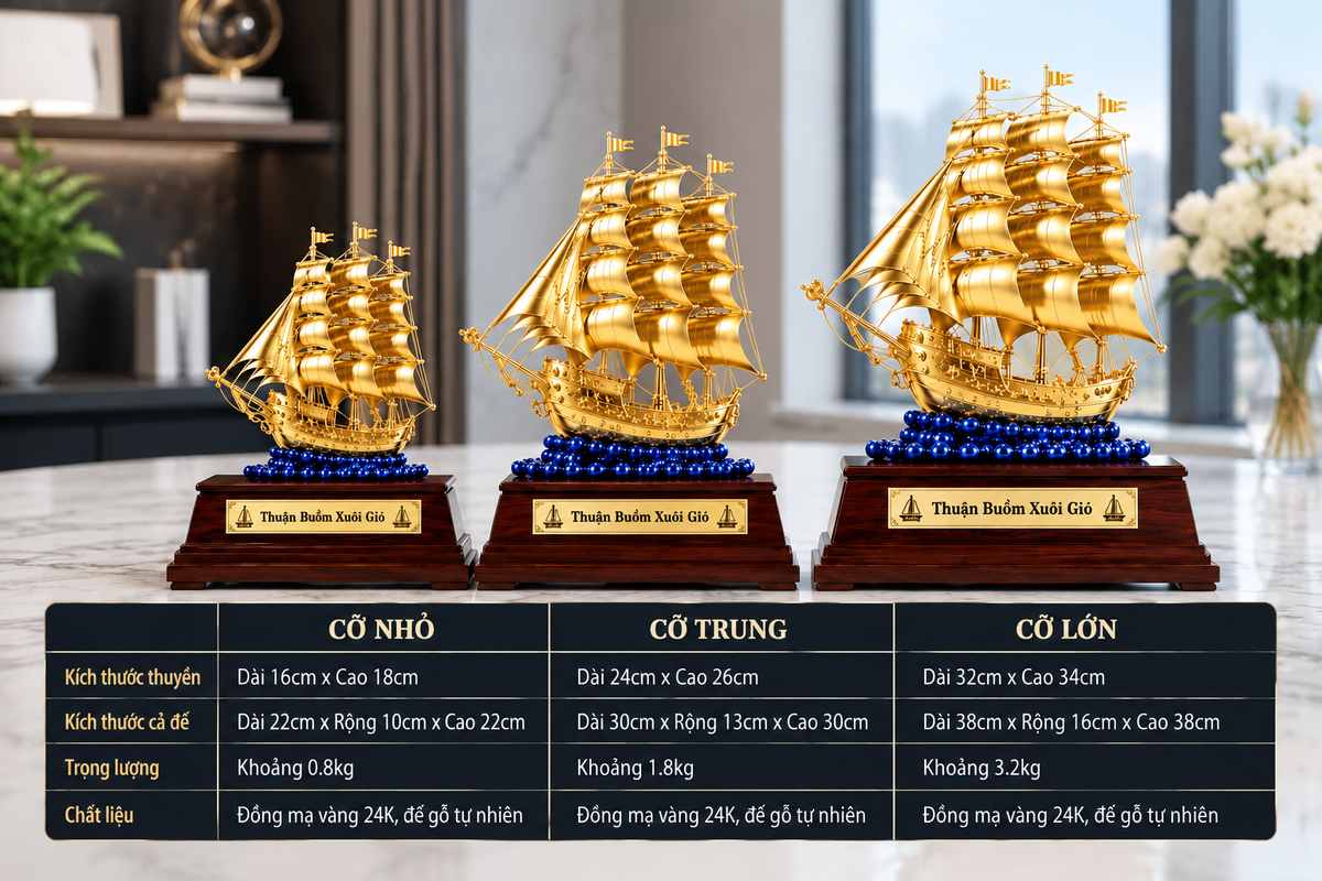 Mô hình thuyền buồm mạ vàng với ba kích thước nhỏ, trung và lớn. Mô hình thuyền buồm mạ vàng với ba kích thước nhỏ, trung và lớn.