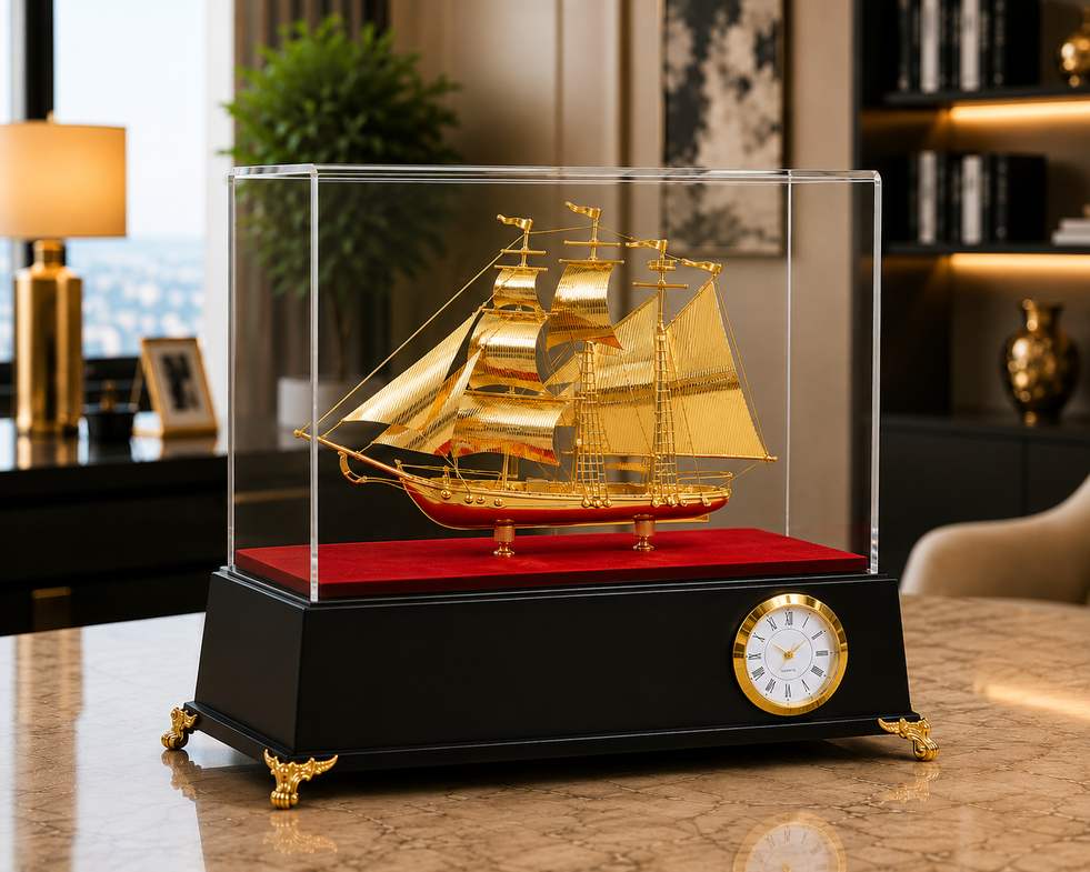 Mô hình thuyền buồm mạ vàng cao cấp để bàn, đế đen tích hợp đồng hồ và hộp kính sang trọng.