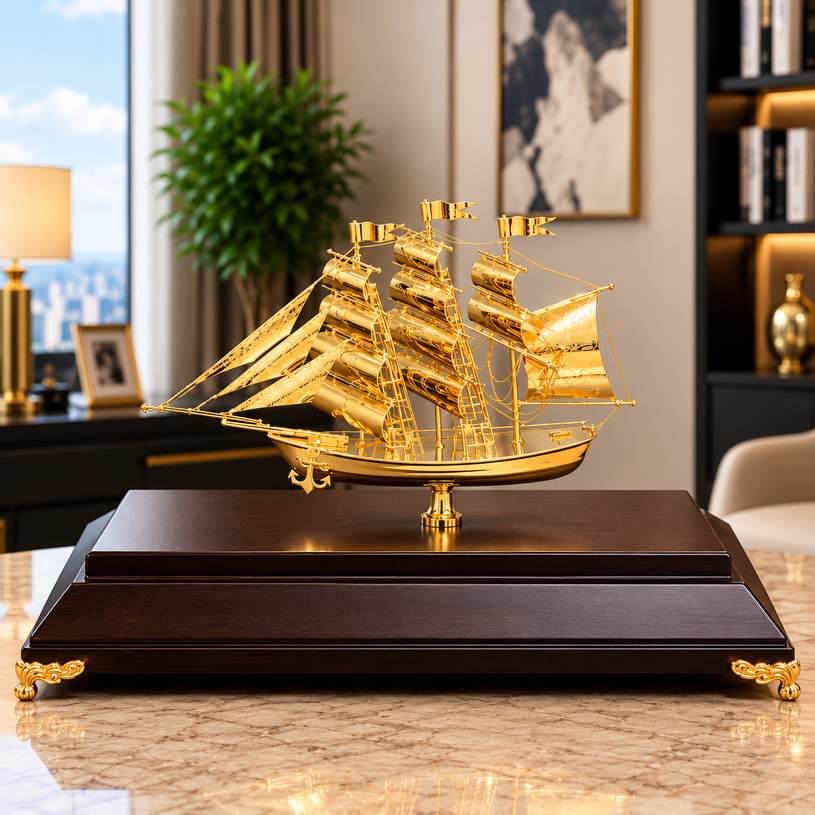 Thuyền buồm phong thủy mạ vàng cao cấp quà tặng doanh nhân