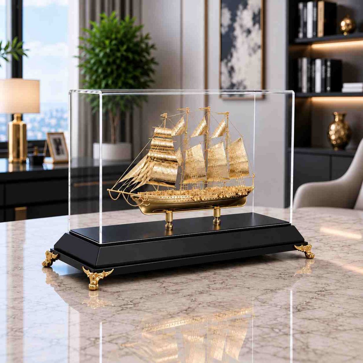 Mô hình thuyền buồm mạ vàng trưng bày trong hộp kính sang trọng.