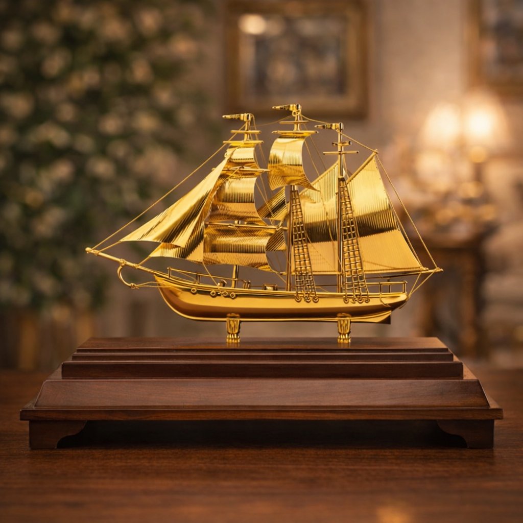 mô hình thuyền buồm phong thuỷ mạ vàng thiết kế sang trọng