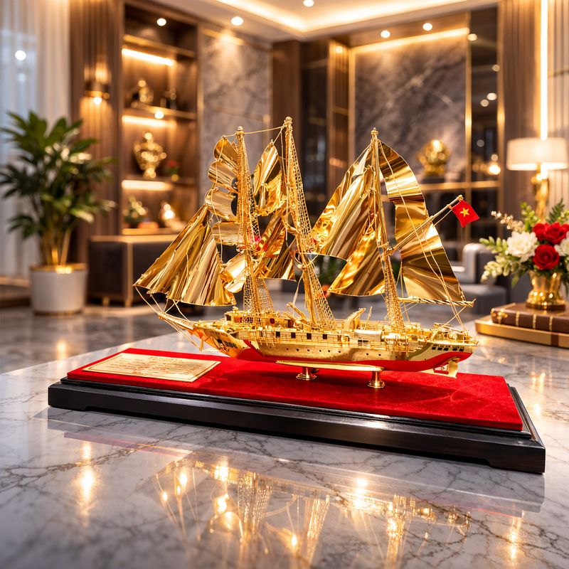 mô hình thuyền buồm mạ vàng tượng trưng tài lộc