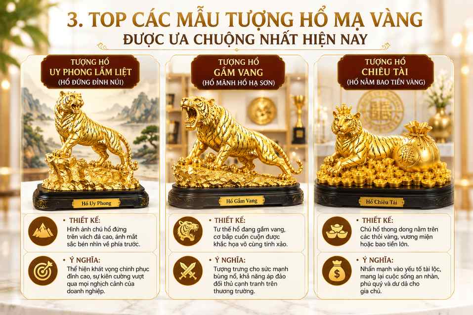 Top 3 mẫu tượng hổ mạ vàng được ưa chuộng gồm hổ uy phong đứng đỉnh núi, hổ gầm vang và hổ chiêu tài.