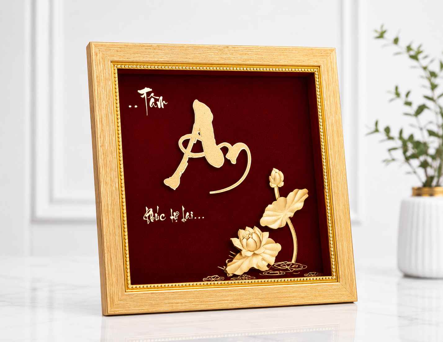 Tranh chữ An hoa sen mạ vàng nền đỏ khung vàng sang trọng