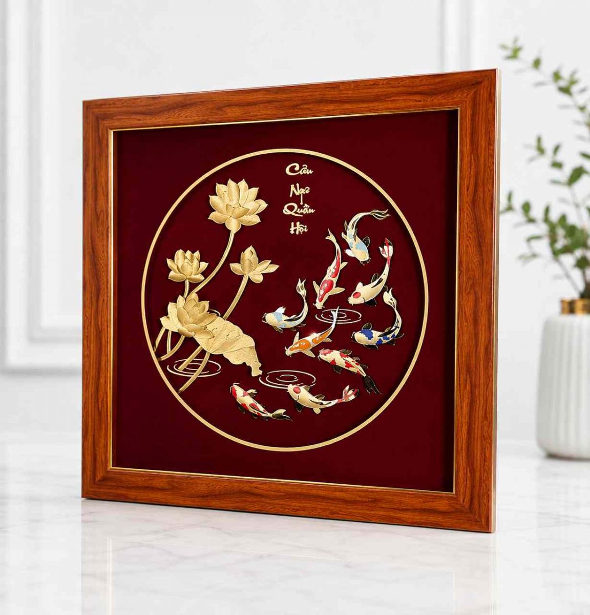 Tranh cửu ngư hoa sen dát vàng nền đỏ khung gỗ sang trọng