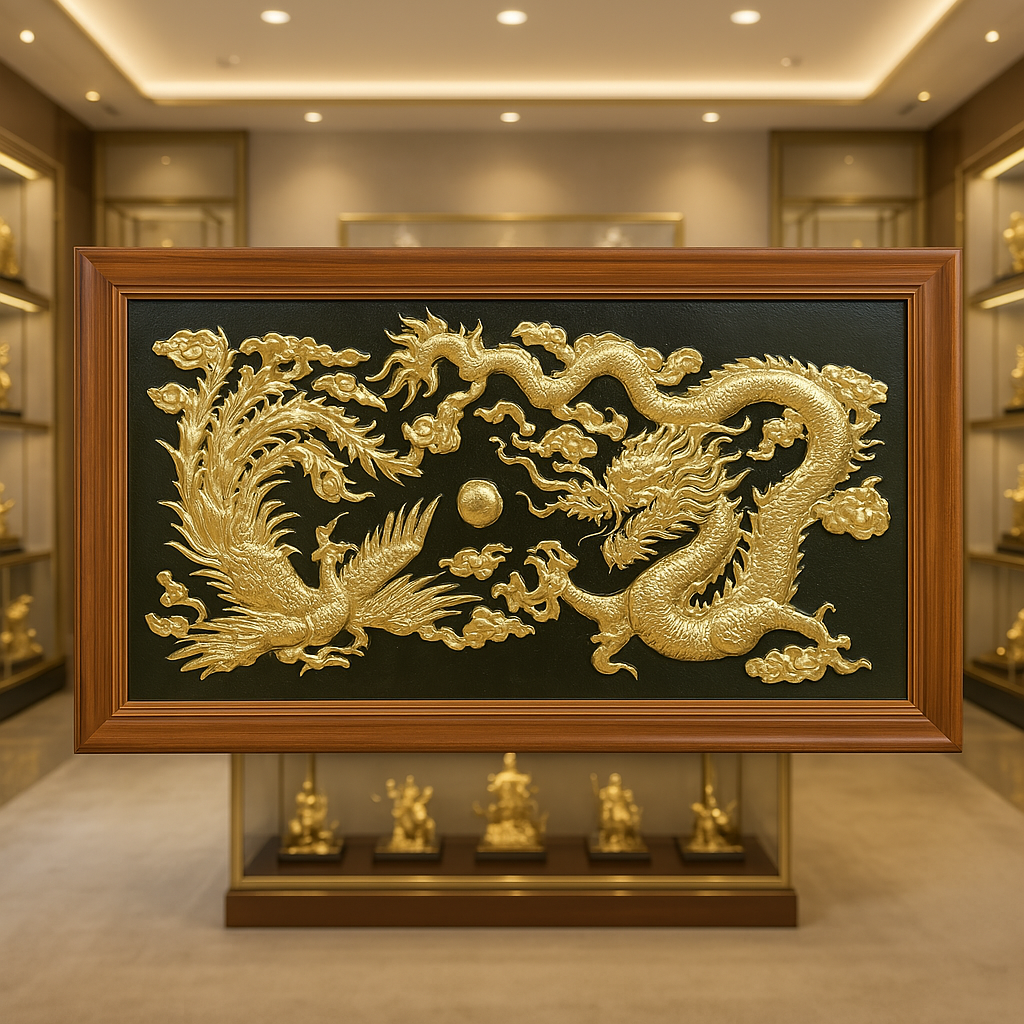 tranh mạ vàng song long châu nguyệt