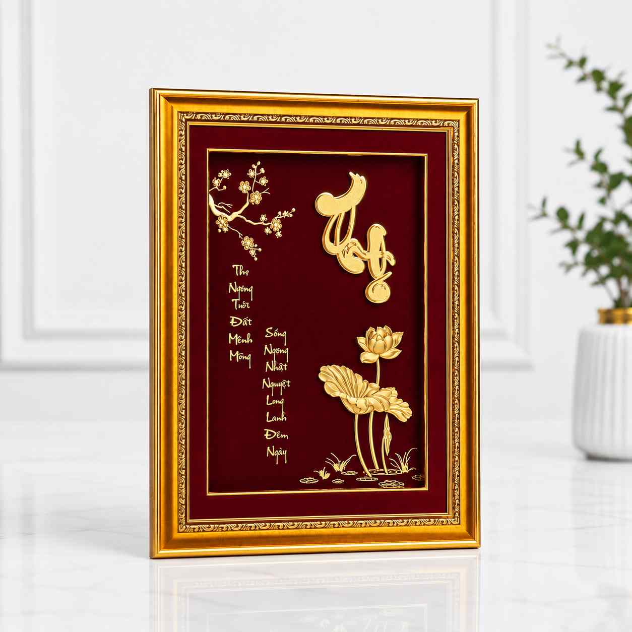 Quà tặng hoa sen dát vàng chữ thọ