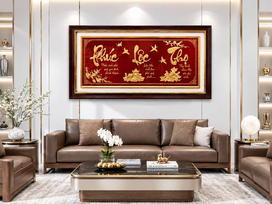 Tranh Phúc Lộc Thọ mạ vàng nền đỏ trang trí phòng khách sang trọng. Tranh Phúc Lộc Thọ mạ vàng nền đỏ trang trí phòng khách sang trọng.