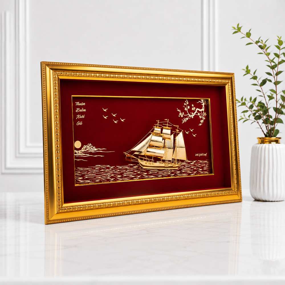 Tranh Thuận Buồm Xuôi Gió mạ vàng 24K cao cấp góc nghiêng