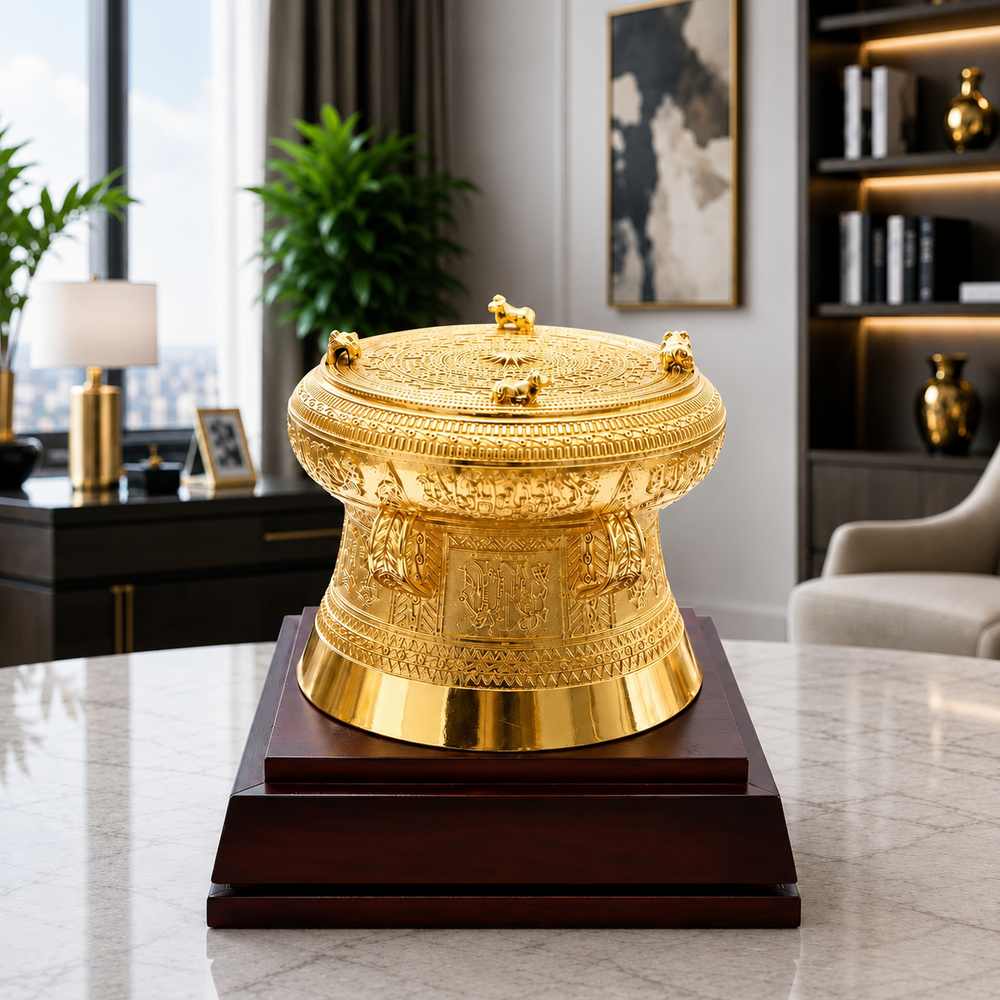 Trống đồng mạ vàng cao cấp đặt trên đế gỗ trong không gian sang trọng. Trống đồng mạ vàng cao cấp đặt trên đế gỗ trong không gian sang trọng.