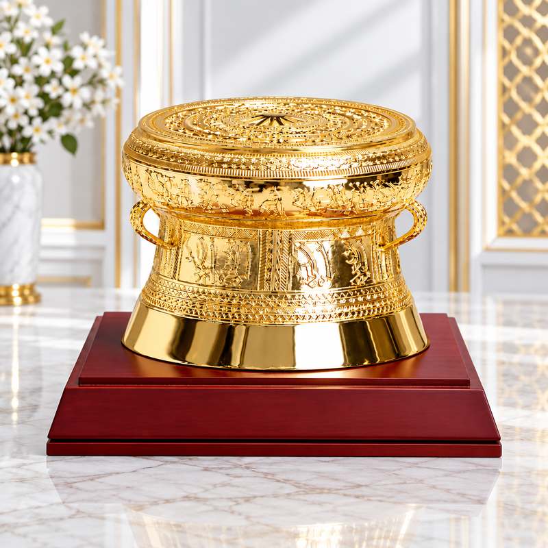 Trống đồng mạ vàng cao cấp đặt trên đế gỗ sang trọng Trống đồng mạ vàng cao cấp đặt trên đế gỗ sang trọng