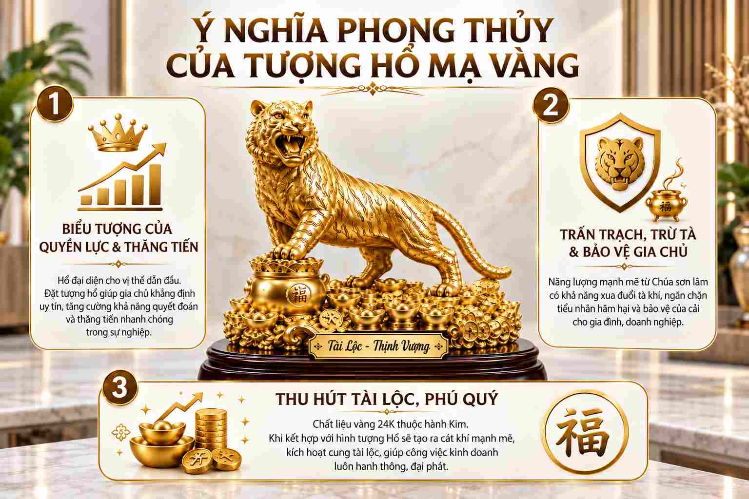 Tượng hổ mạ vàng phong thủy tượng trưng cho quyền lực, tài lộc và bảo vệ gia chủ.